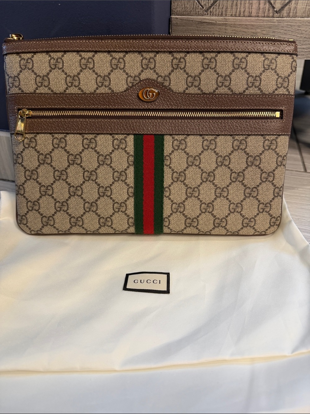 Gucci Beige/Brown GG Supreme Messenger with Green & Red Web